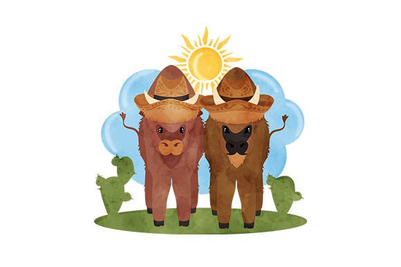 Full Body Bisons on a Ranch with Cowboy Hats